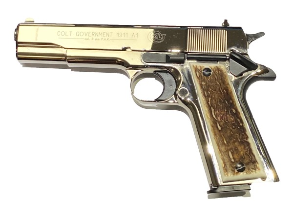 Colt Government 1911 A1 Schreckschuss Pistole 9 mm P.A.K. Polished Chrome mit Hirschhorngriff