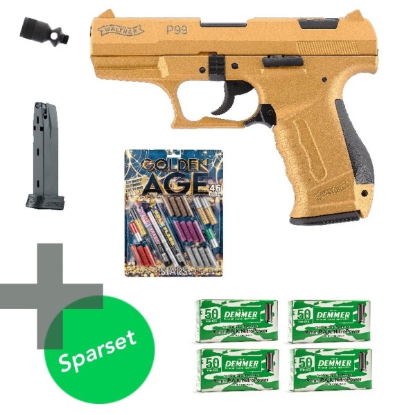 Silvester Set Walther P99 gold inkl. 200 Schuss 9 mm PAK, 17 Schuss Magazin und Signaleffekte Set