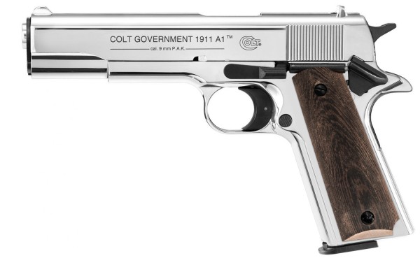 Colt Government 1911 A1 Schreckschuss Pistole 9 mm P.A.K. Polished Chrome mit Holzgriff dunkel