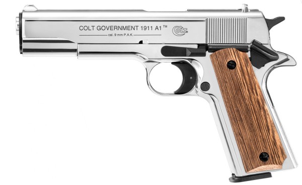 Colt Government 1911 A1 Schreckschuss Pistole 9 mm P.A.K. Polished Chrome mit Holzgriff hell